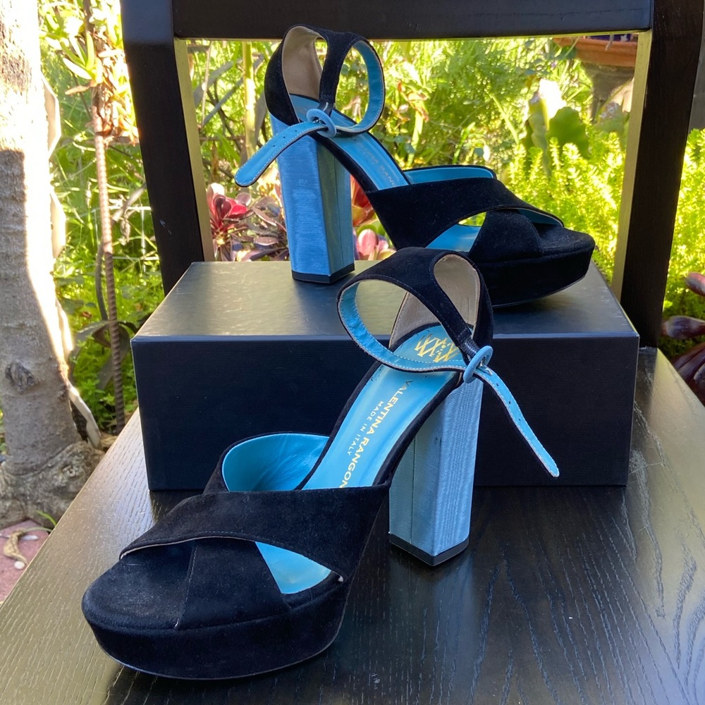 Rangoni Black Suede Platform Heels with Blue Lining and Heel